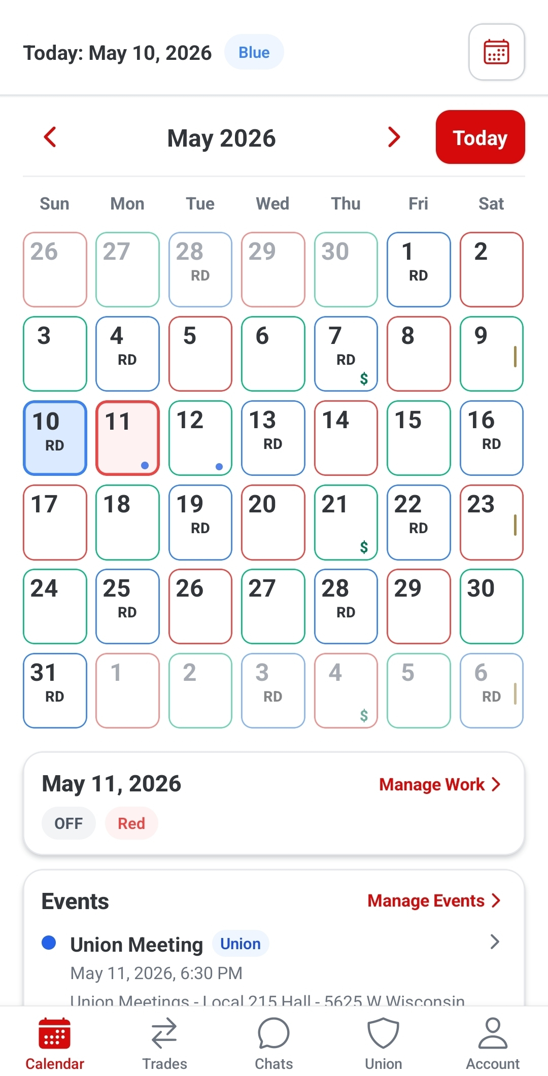 Calendar showing shifts and day details