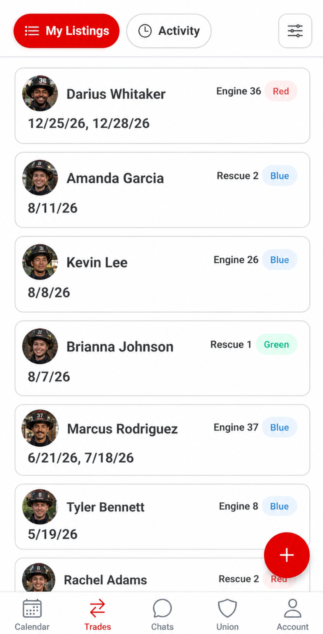 Trades list and trade actions