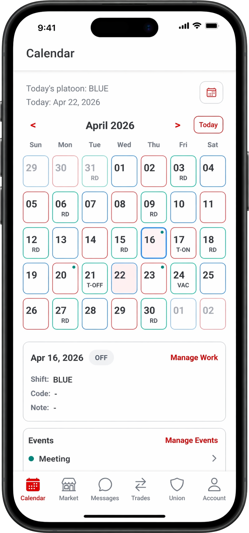 Platoon mobile calendar showing shift context, union events, and a selected-day schedule