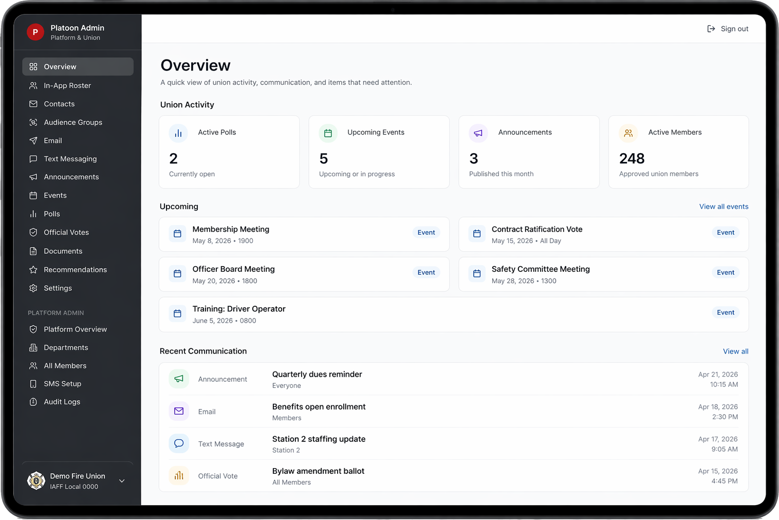 Platoon union admin dashboard showing communications, events, member groups, and leadership tools